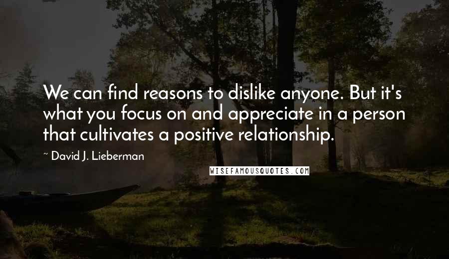 David J. Lieberman Quotes: We can find reasons to dislike anyone. But it's what you focus on and appreciate in a person that cultivates a positive relationship.