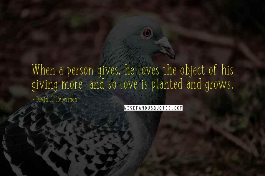 David J. Lieberman Quotes: When a person gives, he loves the object of his giving more  and so love is planted and grows.