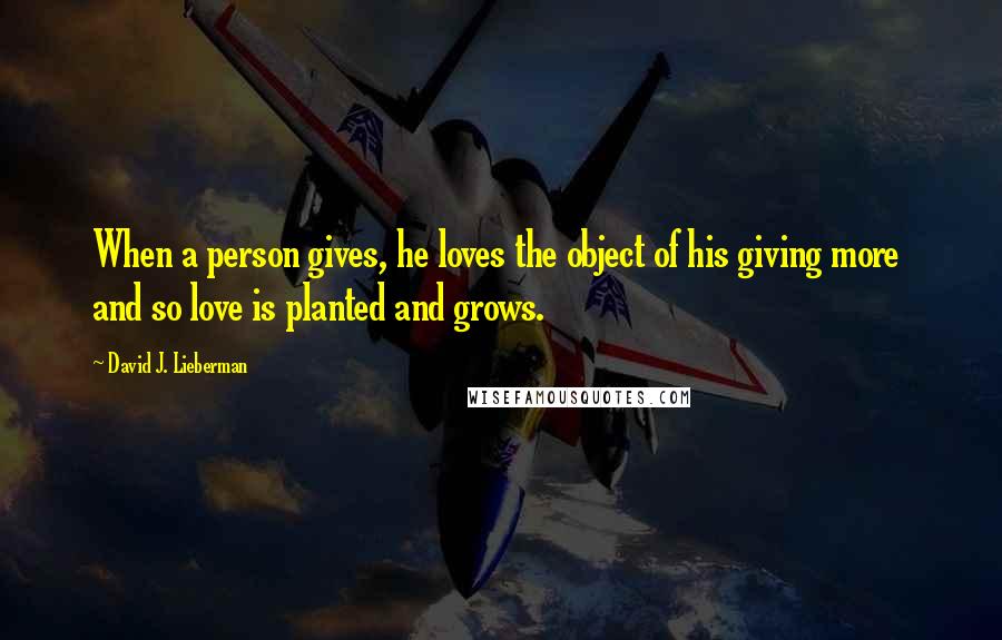 David J. Lieberman Quotes: When a person gives, he loves the object of his giving more  and so love is planted and grows.