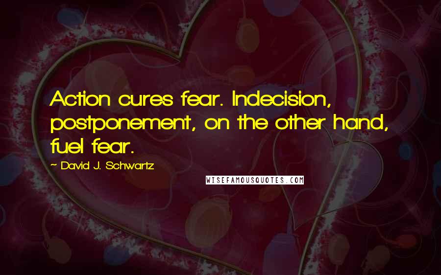 David J. Schwartz Quotes: Action cures fear. Indecision, postponement, on the other hand, fuel fear.