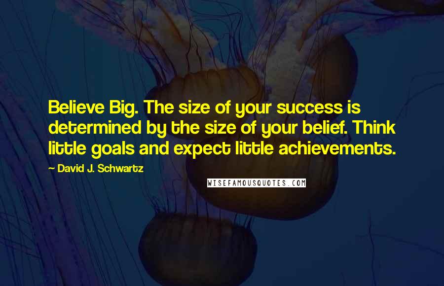 David J. Schwartz Quotes: Believe Big. The size of your success is determined by the size of your belief. Think little goals and expect little achievements.