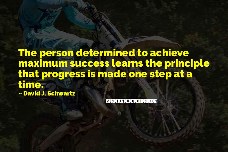 David J. Schwartz Quotes: The person determined to achieve maximum success learns the principle that progress is made one step at a time.