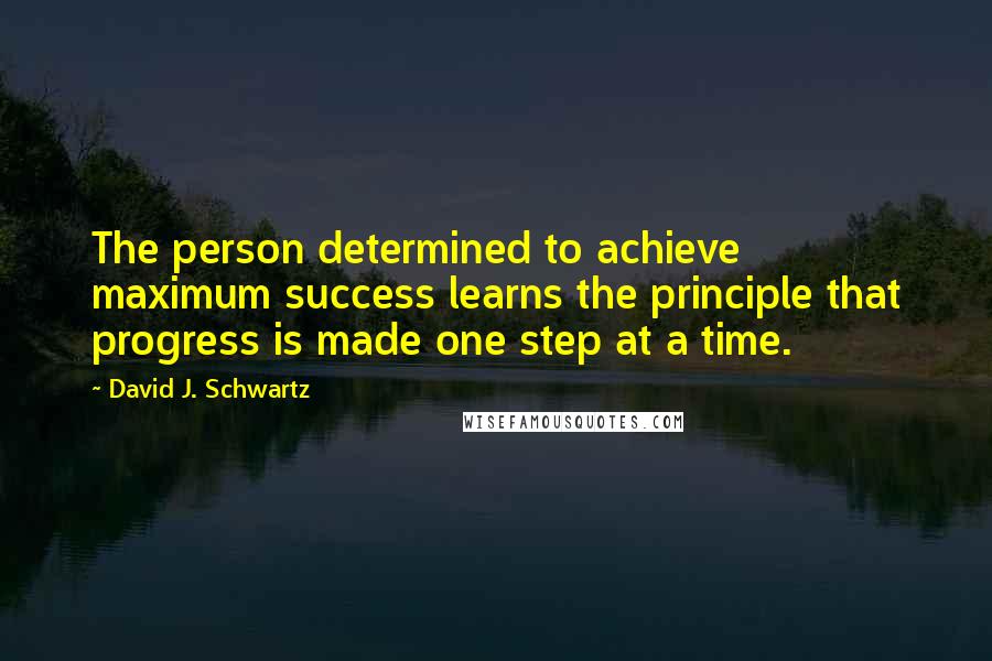 David J. Schwartz Quotes: The person determined to achieve maximum success learns the principle that progress is made one step at a time.