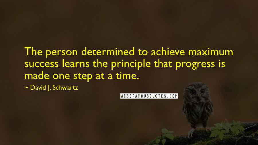 David J. Schwartz Quotes: The person determined to achieve maximum success learns the principle that progress is made one step at a time.