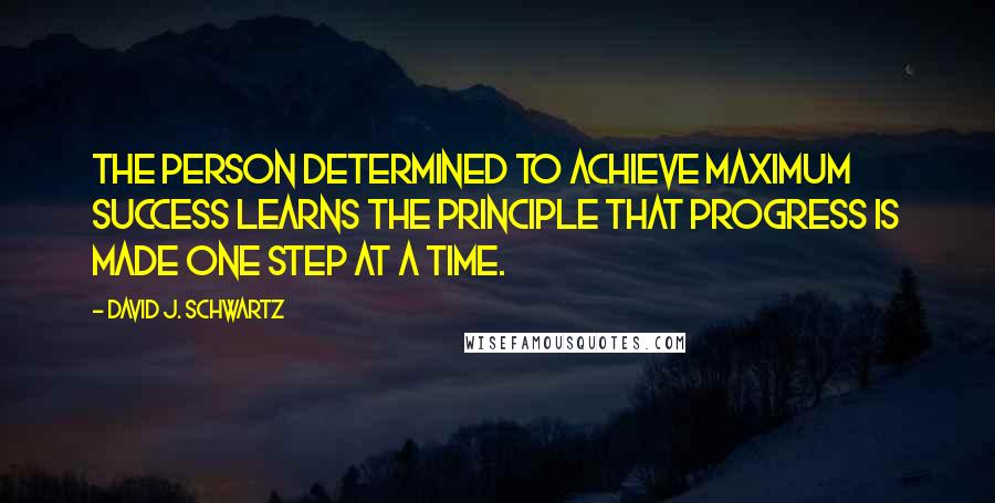 David J. Schwartz Quotes: The person determined to achieve maximum success learns the principle that progress is made one step at a time.