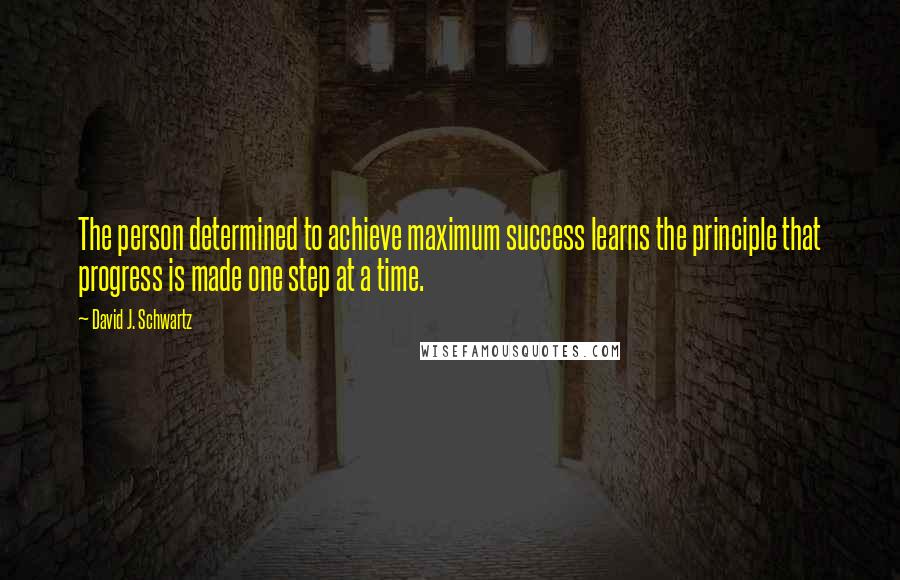 David J. Schwartz Quotes: The person determined to achieve maximum success learns the principle that progress is made one step at a time.