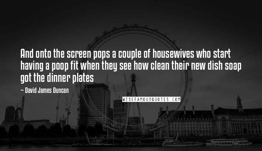 David James Duncan Quotes: And onto the screen pops a couple of housewives who start having a poop fit when they see how clean their new dish soap got the dinner plates