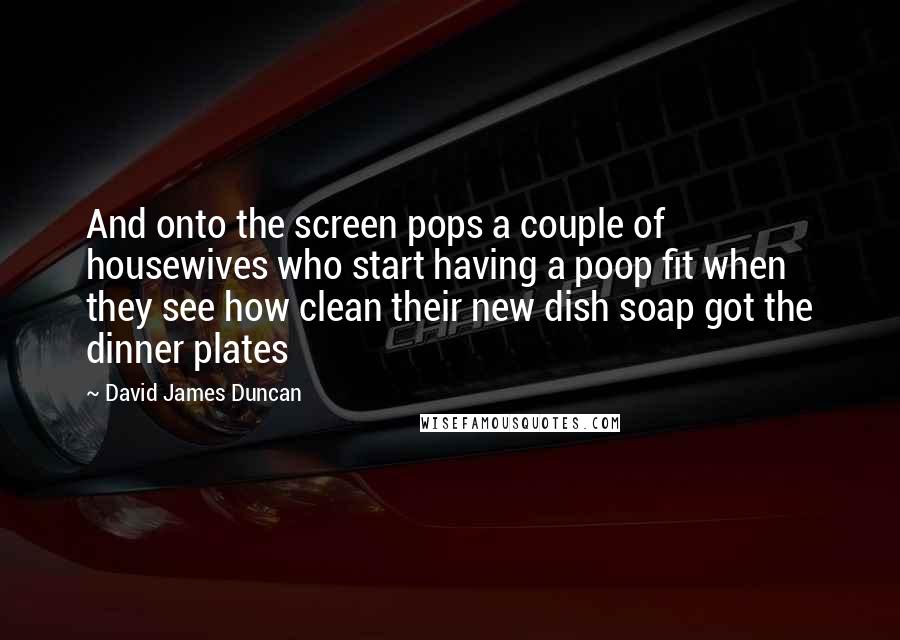 David James Duncan Quotes: And onto the screen pops a couple of housewives who start having a poop fit when they see how clean their new dish soap got the dinner plates