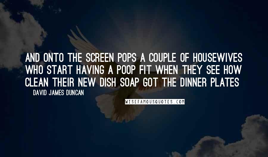 David James Duncan Quotes: And onto the screen pops a couple of housewives who start having a poop fit when they see how clean their new dish soap got the dinner plates