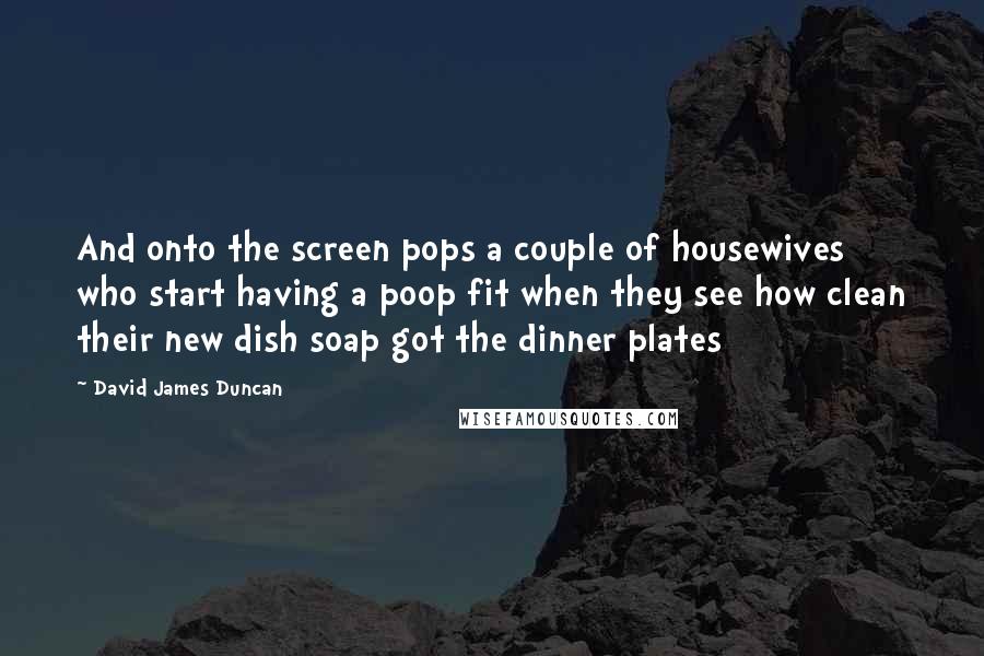 David James Duncan Quotes: And onto the screen pops a couple of housewives who start having a poop fit when they see how clean their new dish soap got the dinner plates