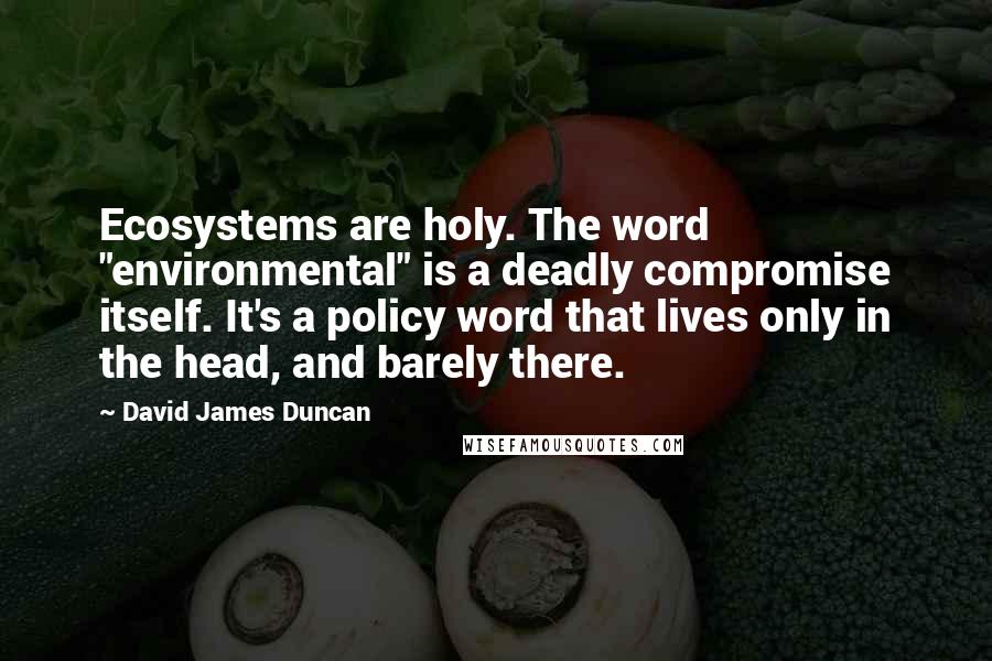 David James Duncan Quotes: Ecosystems are holy. The word "environmental" is a deadly compromise itself. It's a policy word that lives only in the head, and barely there.