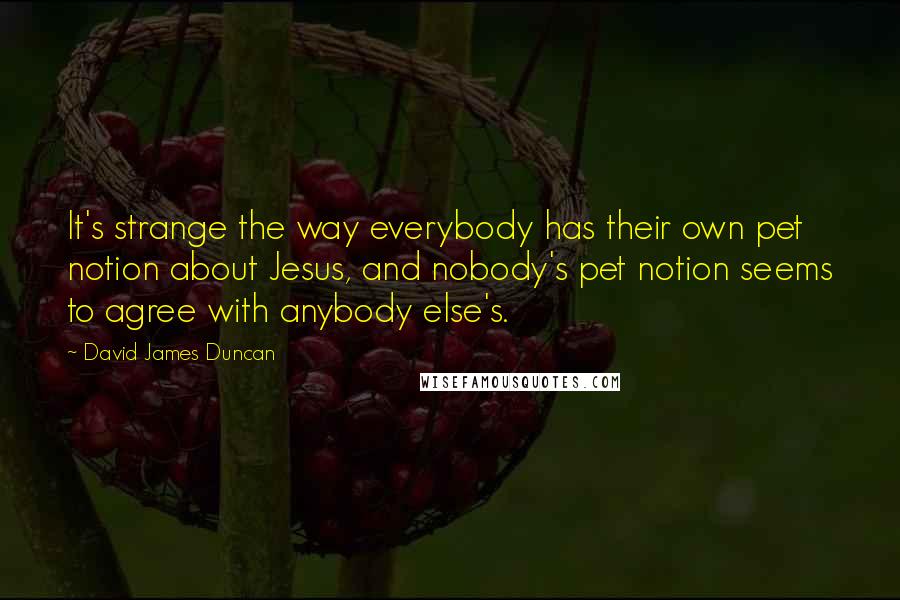 David James Duncan Quotes: It's strange the way everybody has their own pet notion about Jesus, and nobody's pet notion seems to agree with anybody else's.