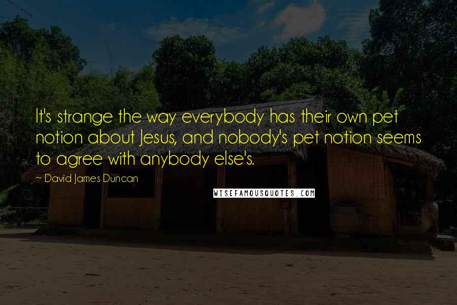 David James Duncan Quotes: It's strange the way everybody has their own pet notion about Jesus, and nobody's pet notion seems to agree with anybody else's.