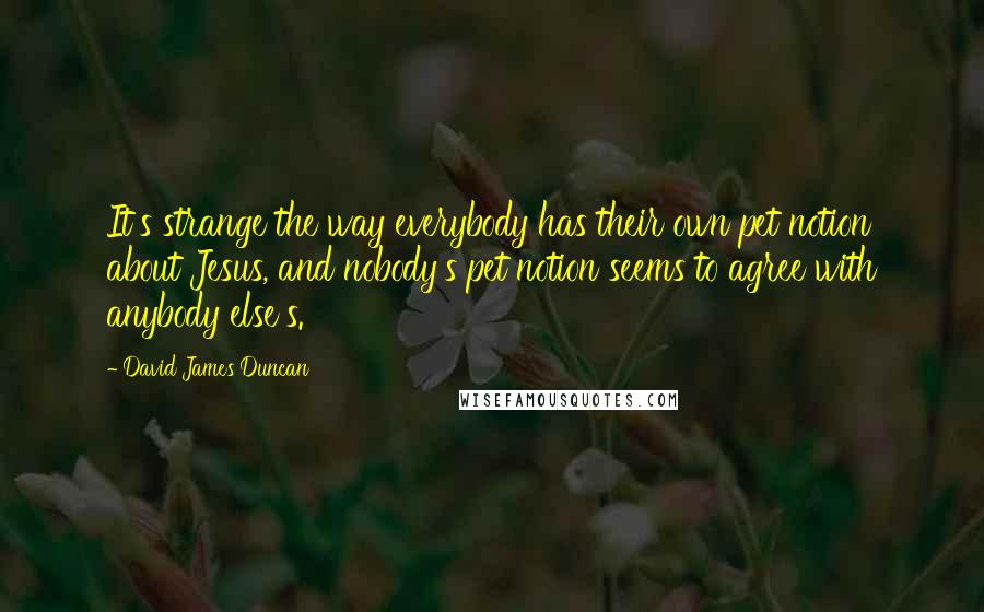 David James Duncan Quotes: It's strange the way everybody has their own pet notion about Jesus, and nobody's pet notion seems to agree with anybody else's.