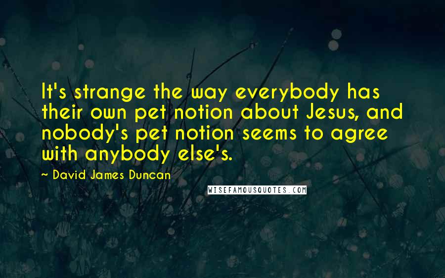 David James Duncan Quotes: It's strange the way everybody has their own pet notion about Jesus, and nobody's pet notion seems to agree with anybody else's.