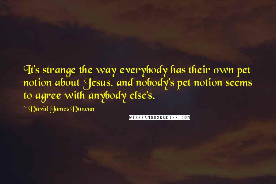 David James Duncan Quotes: It's strange the way everybody has their own pet notion about Jesus, and nobody's pet notion seems to agree with anybody else's.