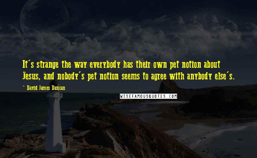 David James Duncan Quotes: It's strange the way everybody has their own pet notion about Jesus, and nobody's pet notion seems to agree with anybody else's.