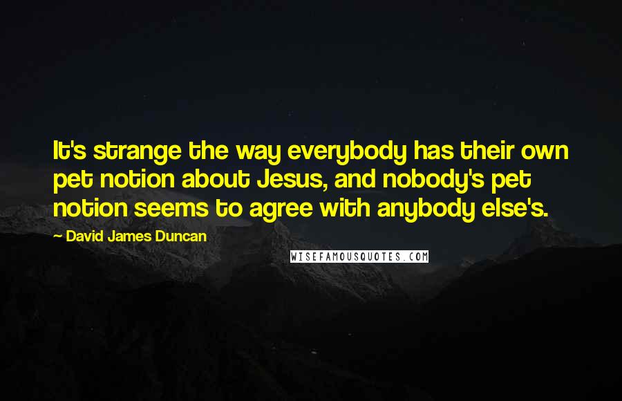 David James Duncan Quotes: It's strange the way everybody has their own pet notion about Jesus, and nobody's pet notion seems to agree with anybody else's.