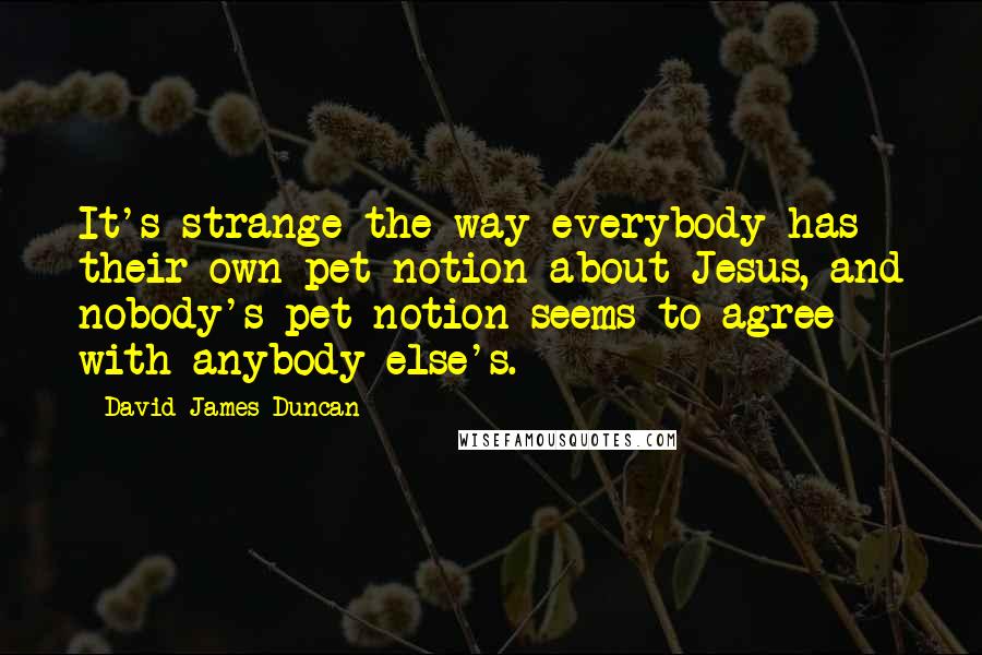 David James Duncan Quotes: It's strange the way everybody has their own pet notion about Jesus, and nobody's pet notion seems to agree with anybody else's.