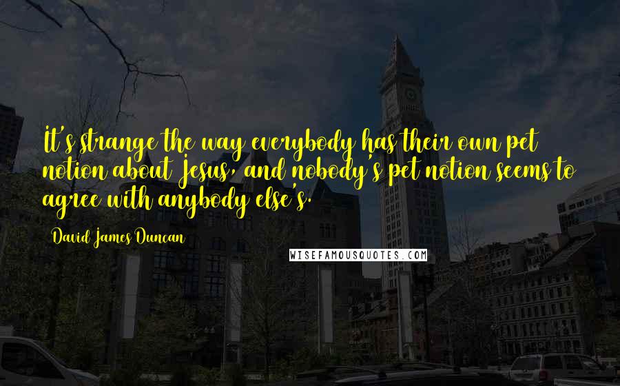 David James Duncan Quotes: It's strange the way everybody has their own pet notion about Jesus, and nobody's pet notion seems to agree with anybody else's.