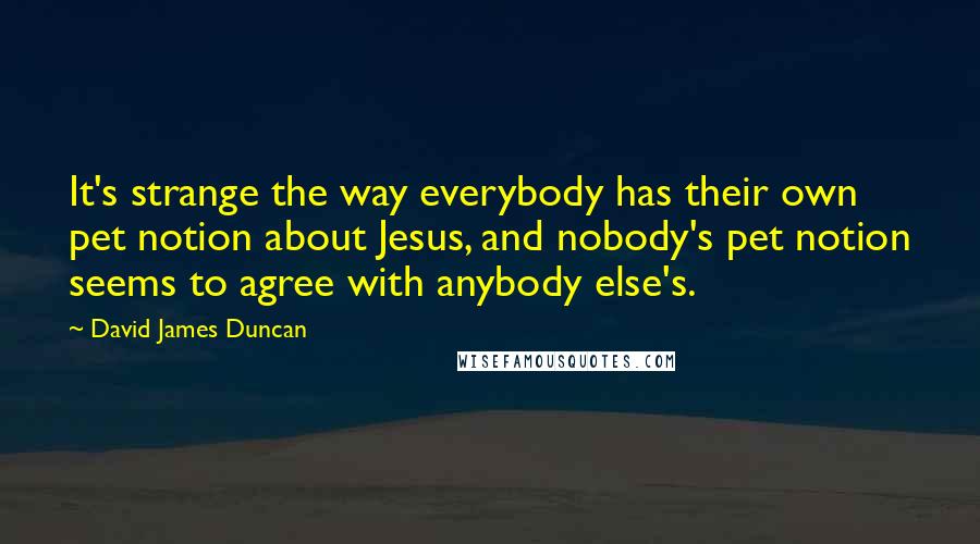 David James Duncan Quotes: It's strange the way everybody has their own pet notion about Jesus, and nobody's pet notion seems to agree with anybody else's.