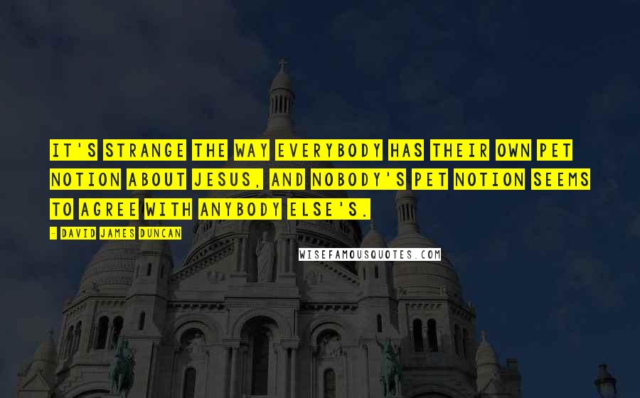 David James Duncan Quotes: It's strange the way everybody has their own pet notion about Jesus, and nobody's pet notion seems to agree with anybody else's.