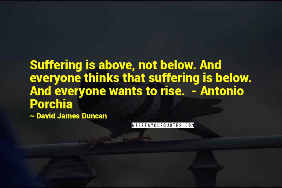 David James Duncan Quotes: Suffering is above, not below. And everyone thinks that suffering is below. And everyone wants to rise.  - Antonio Porchia