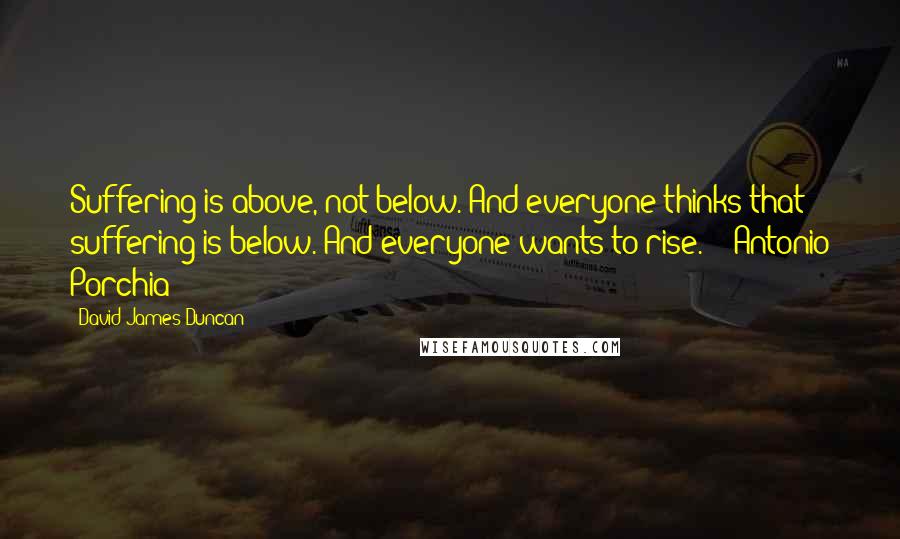 David James Duncan Quotes: Suffering is above, not below. And everyone thinks that suffering is below. And everyone wants to rise.  - Antonio Porchia