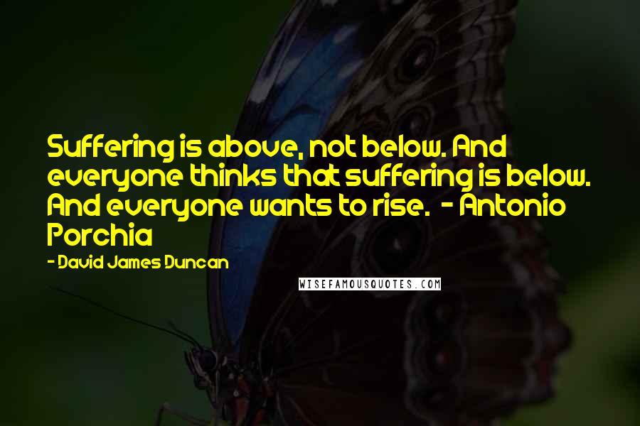 David James Duncan Quotes: Suffering is above, not below. And everyone thinks that suffering is below. And everyone wants to rise.  - Antonio Porchia