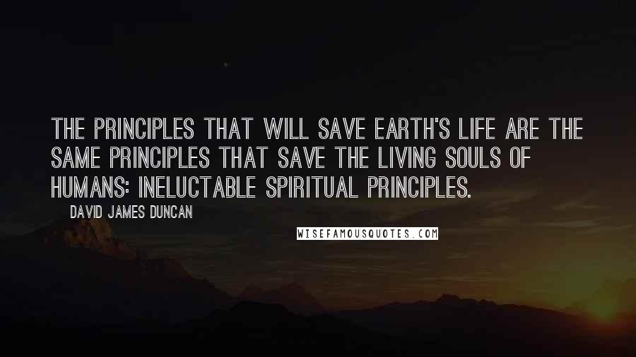David James Duncan Quotes: The principles that will save Earth's life are the same principles that save the living souls of humans: ineluctable spiritual principles.