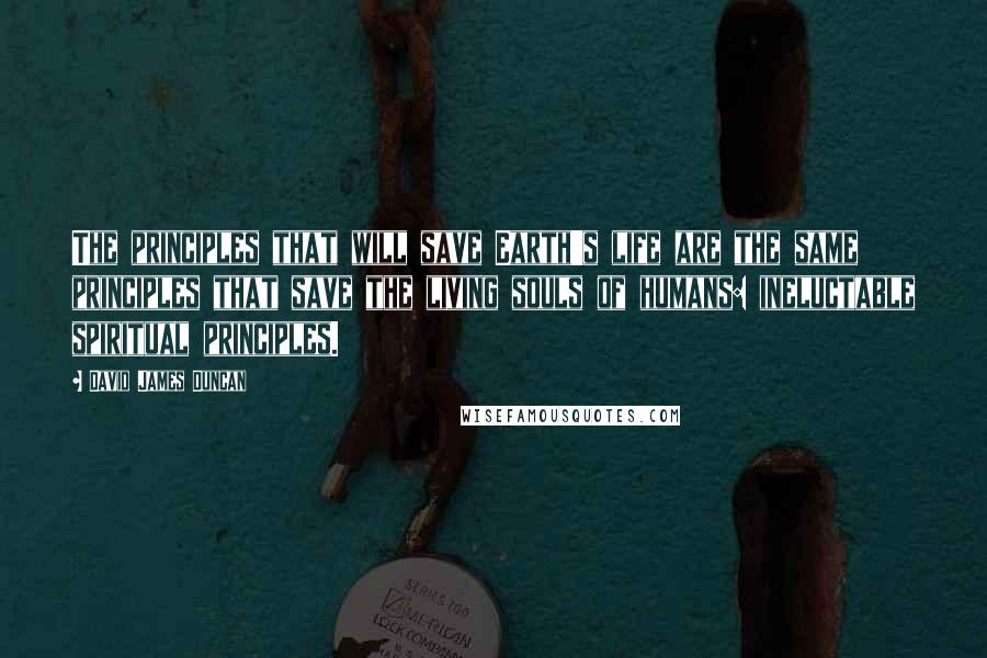 David James Duncan Quotes: The principles that will save Earth's life are the same principles that save the living souls of humans: ineluctable spiritual principles.