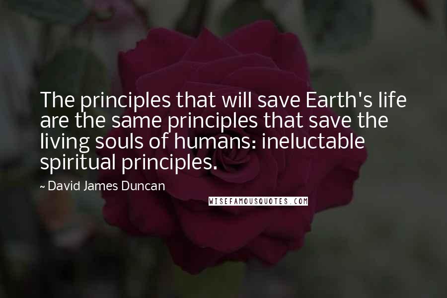 David James Duncan Quotes: The principles that will save Earth's life are the same principles that save the living souls of humans: ineluctable spiritual principles.