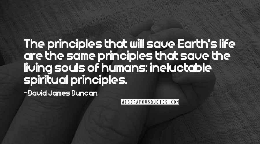 David James Duncan Quotes: The principles that will save Earth's life are the same principles that save the living souls of humans: ineluctable spiritual principles.