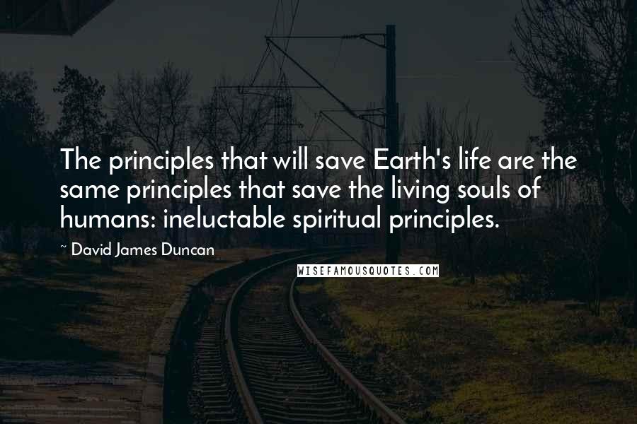 David James Duncan Quotes: The principles that will save Earth's life are the same principles that save the living souls of humans: ineluctable spiritual principles.