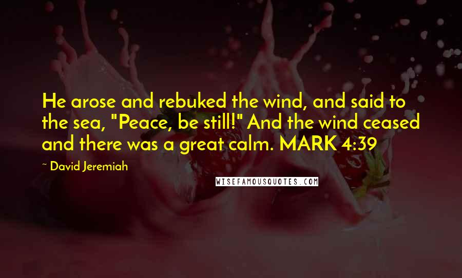 David Jeremiah Quotes: He arose and rebuked the wind, and said to the sea, "Peace, be still!" And the wind ceased and there was a great calm. MARK 4:39