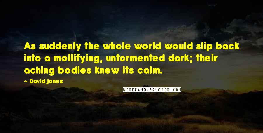 David Jones Quotes: As suddenly the whole world would slip back into a mollifying, untormented dark; their aching bodies knew its calm.