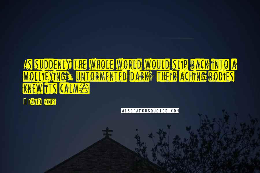 David Jones Quotes: As suddenly the whole world would slip back into a mollifying, untormented dark; their aching bodies knew its calm.