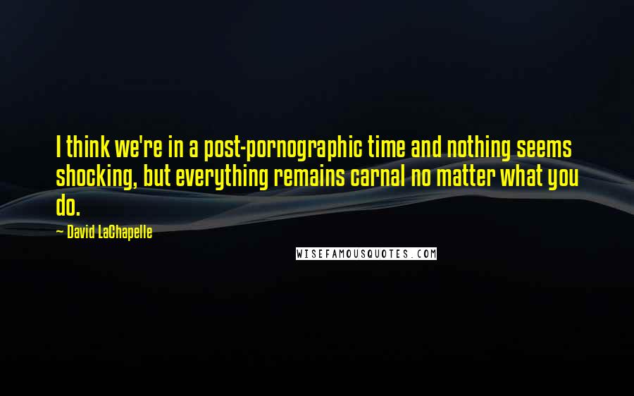 David LaChapelle Quotes: I think we're in a post-pornographic time and nothing seems shocking, but everything remains carnal no matter what you do.