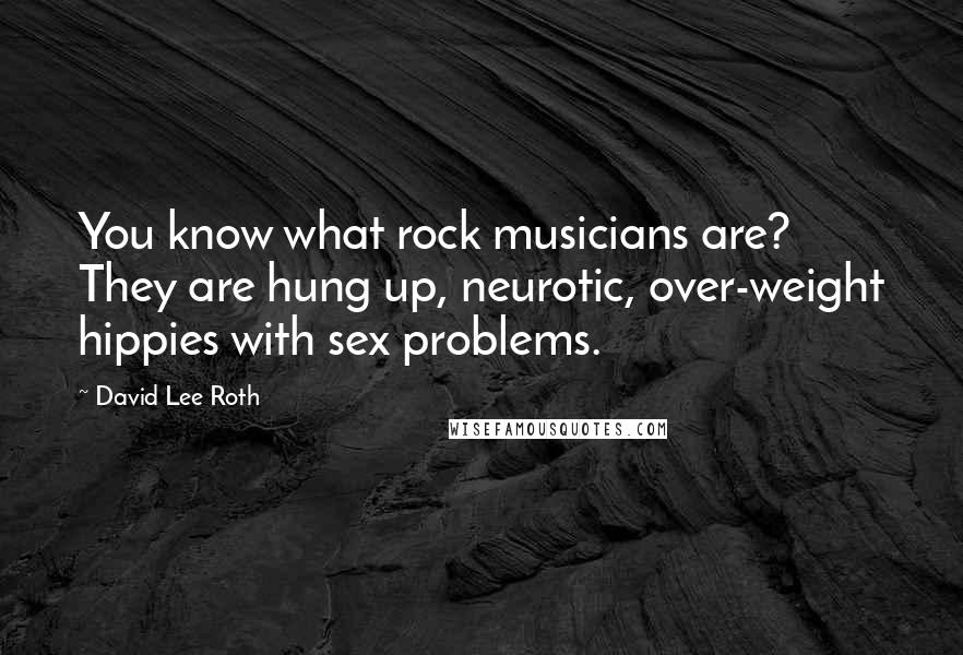 David Lee Roth Quotes: You know what rock musicians are? They are hung up, neurotic, over-weight hippies with sex problems.