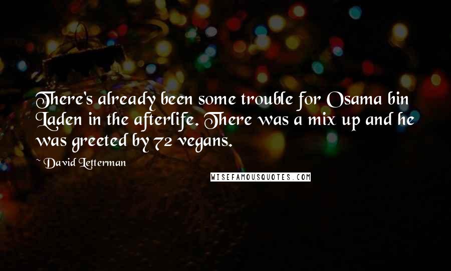 David Letterman Quotes: There's already been some trouble for Osama bin Laden in the afterlife. There was a mix up and he was greeted by 72 vegans.