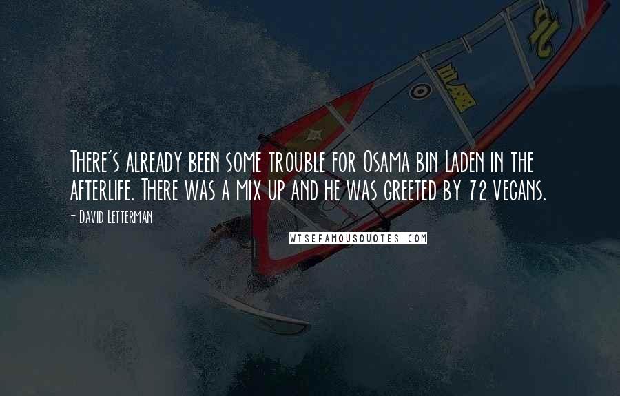 David Letterman Quotes: There's already been some trouble for Osama bin Laden in the afterlife. There was a mix up and he was greeted by 72 vegans.