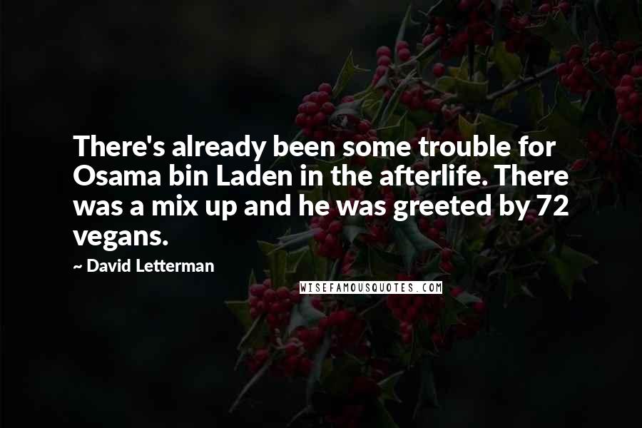 David Letterman Quotes: There's already been some trouble for Osama bin Laden in the afterlife. There was a mix up and he was greeted by 72 vegans.