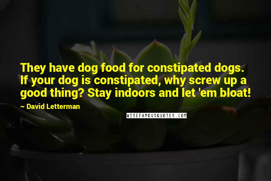 David Letterman Quotes: They have dog food for constipated dogs. If your dog is constipated, why screw up a good thing? Stay indoors and let 'em bloat!