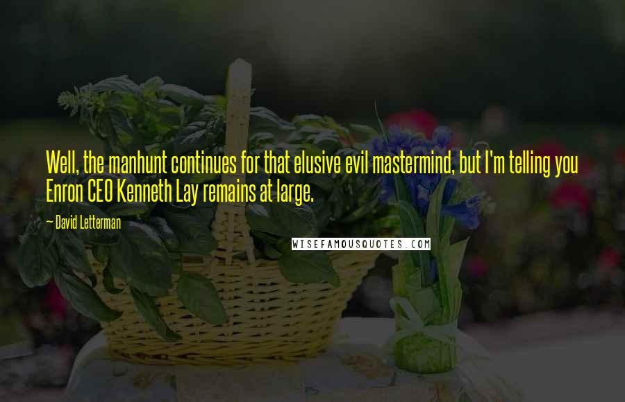 David Letterman Quotes: Well, the manhunt continues for that elusive evil mastermind, but I'm telling you Enron CEO Kenneth Lay remains at large.