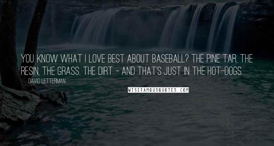 David Letterman Quotes: You know what I love best about baseball? The pine tar, the resin, the grass, the dirt - and that's just in the hot-dogs.