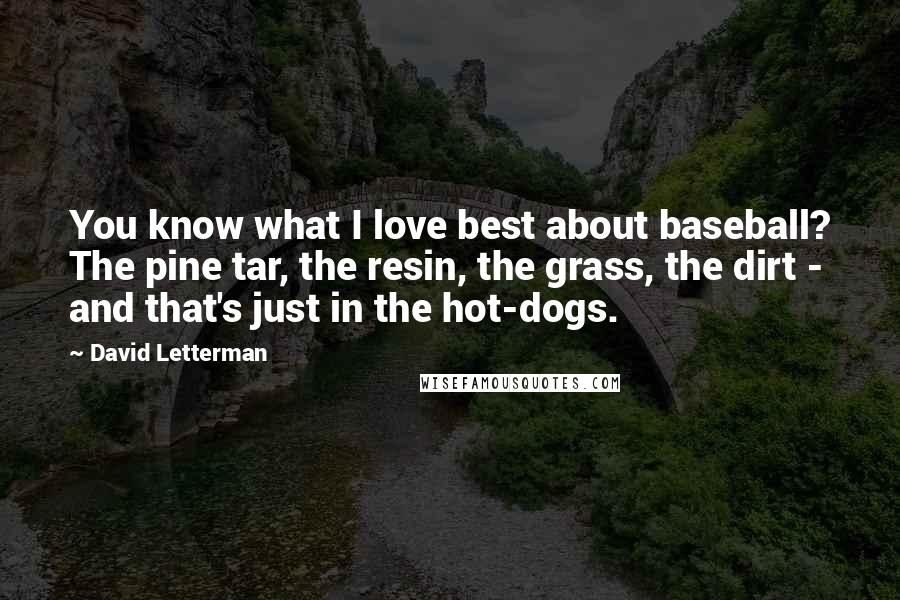 David Letterman Quotes: You know what I love best about baseball? The pine tar, the resin, the grass, the dirt - and that's just in the hot-dogs.