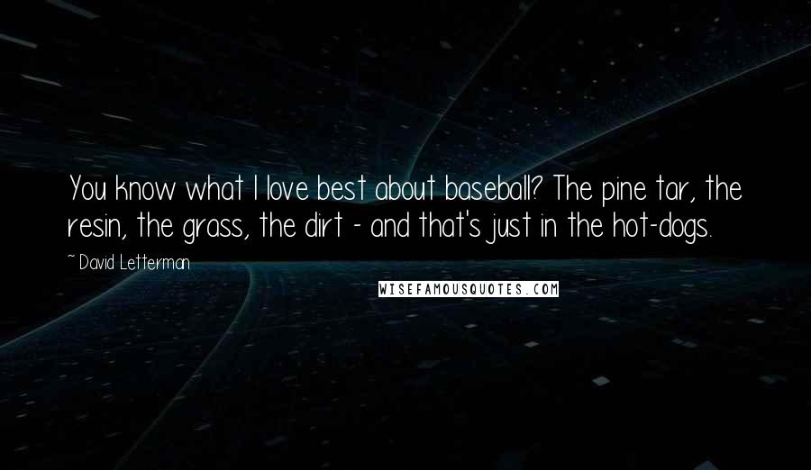 David Letterman Quotes: You know what I love best about baseball? The pine tar, the resin, the grass, the dirt - and that's just in the hot-dogs.