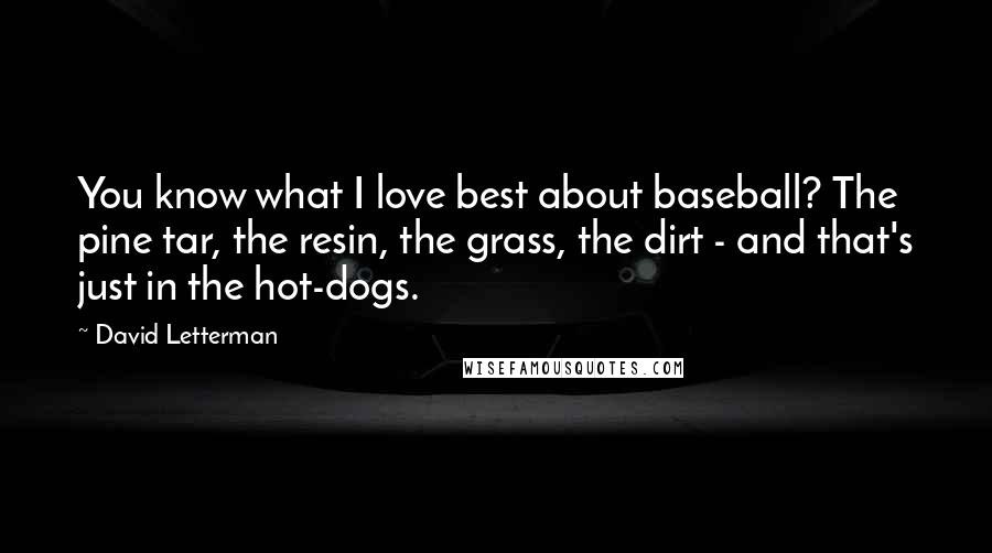 David Letterman Quotes: You know what I love best about baseball? The pine tar, the resin, the grass, the dirt - and that's just in the hot-dogs.