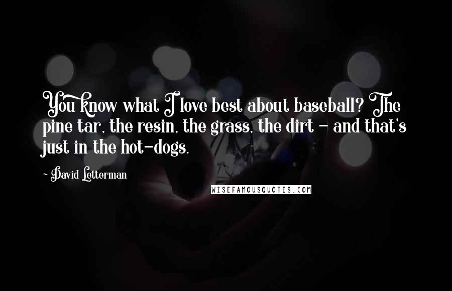 David Letterman Quotes: You know what I love best about baseball? The pine tar, the resin, the grass, the dirt - and that's just in the hot-dogs.