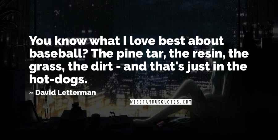 David Letterman Quotes: You know what I love best about baseball? The pine tar, the resin, the grass, the dirt - and that's just in the hot-dogs.